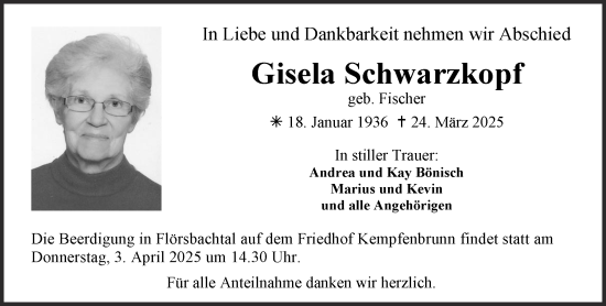 Traueranzeige von Gisela Schwarzkopf von Mittelhessen-Bote