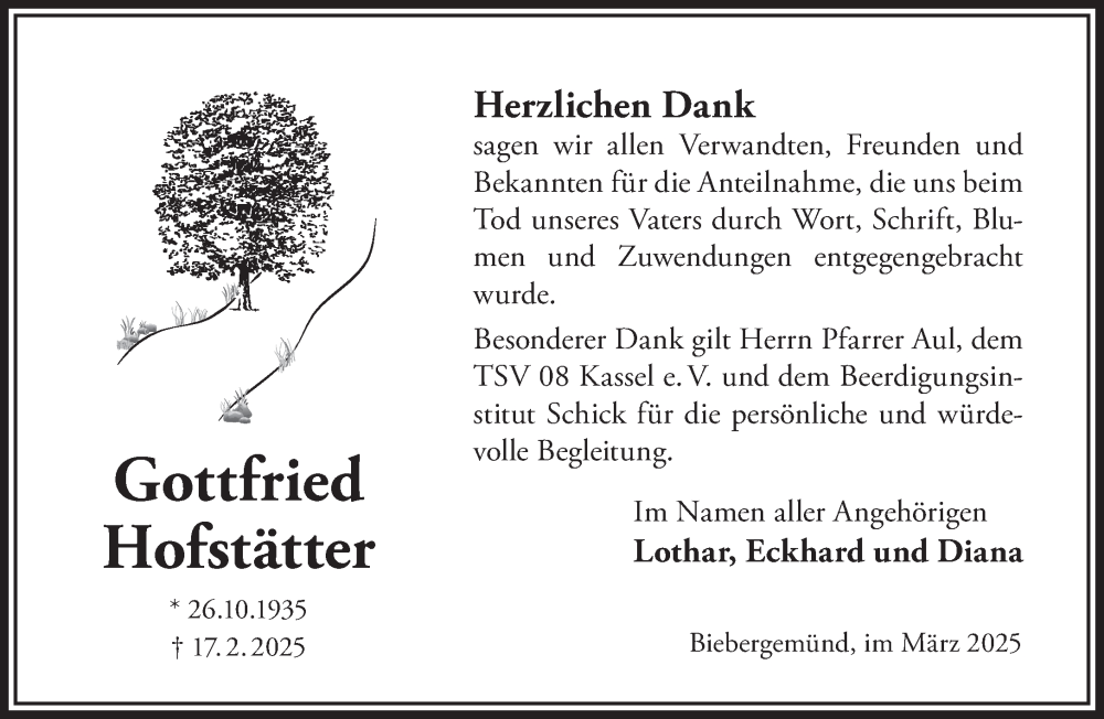  Traueranzeige für Gottfried Hofstätter vom 22.03.2025 aus Gelnhäuser Neue Zeitung