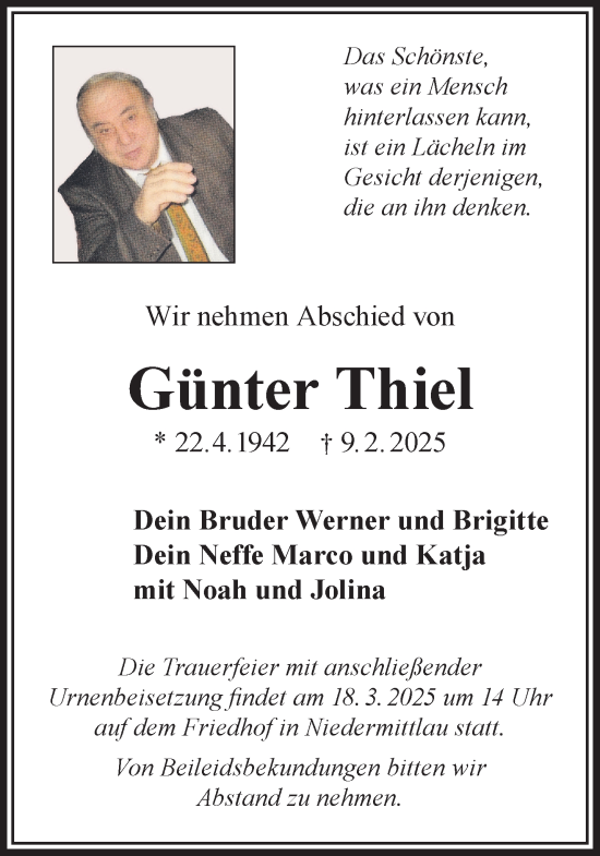 Traueranzeige von Günter Thiel von Gelnhäuser Neue Zeitung