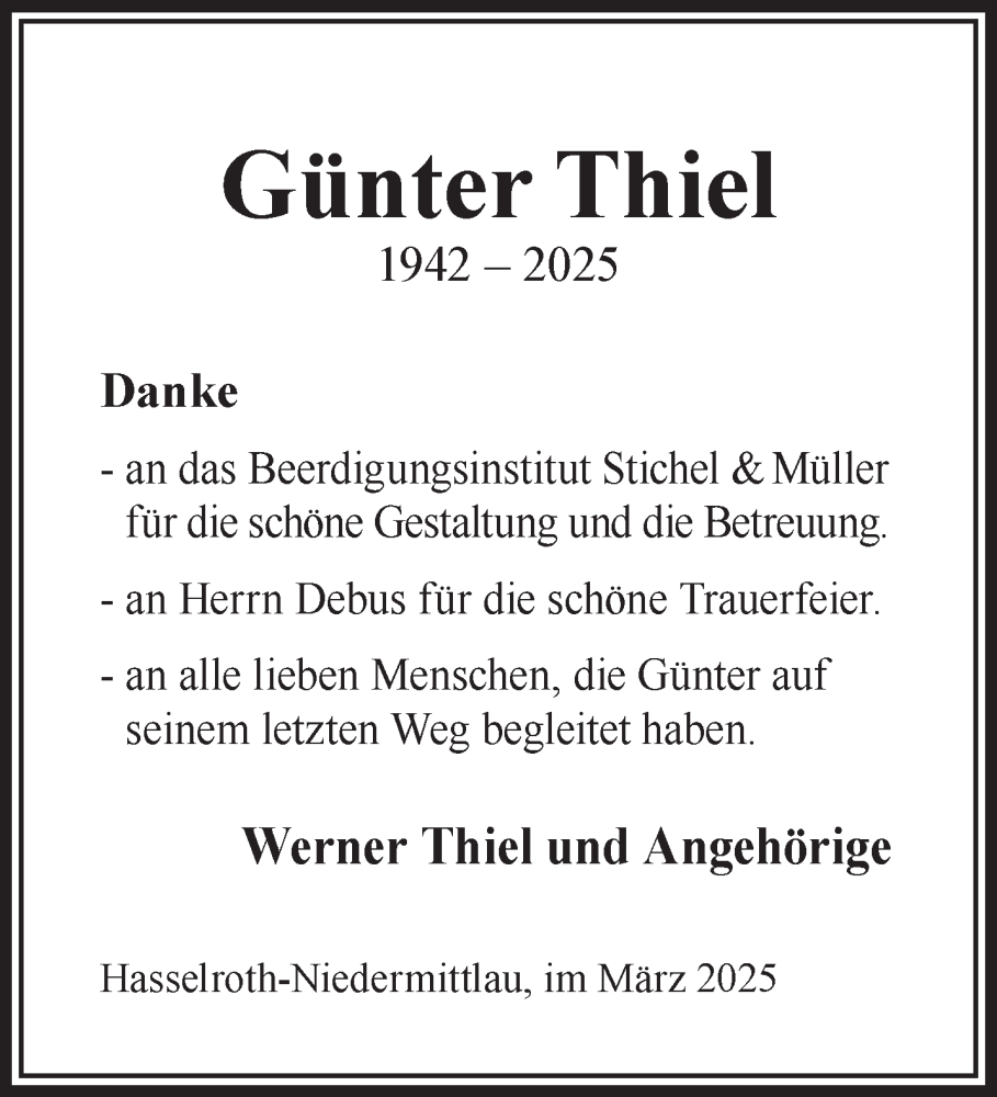  Traueranzeige für Günter Thiel vom 29.03.2025 aus Gelnhäuser Neue Zeitung