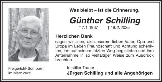 Traueranzeige von Günther Schilling von Gelnhäuser Neue Zeitung