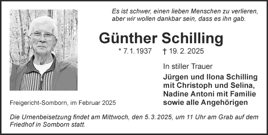 Traueranzeige von Günther Schilling von Gelnhäuser Neue Zeitung
