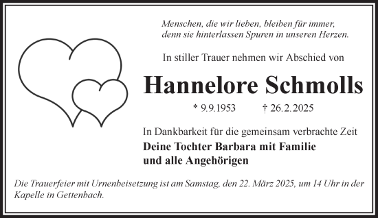 Traueranzeige von Hannelore Schmolls von Gelnhäuser Neue Zeitung