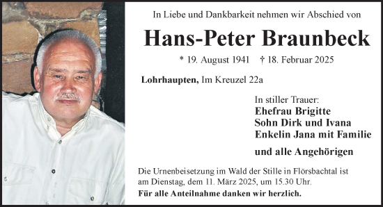 Traueranzeige von Hans-Peter Braunbeck von Gelnhäuser Neue Zeitung