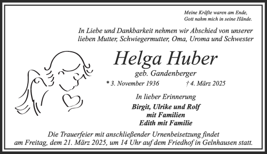 Traueranzeige von Helga Huber von Gelnhäuser Neue Zeitung