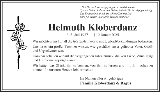Traueranzeige von Helmuth Kloberdanz von Gelnhäuser Neue Zeitung