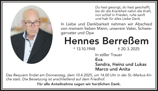Traueranzeige von Hennes Berreßem von Gelnhäuser Neue Zeitung