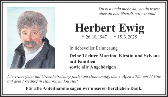 Traueranzeige von Herbert Ewig von Gelnhäuser Neue Zeitung