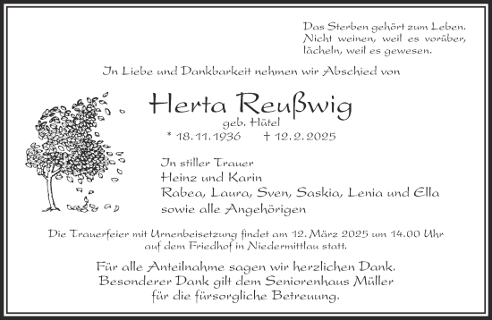 Traueranzeige von Herta Reußwig von Gelnhäuser Neue Zeitung