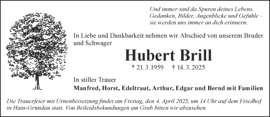 Traueranzeige von Hubert Brill von Gelnhäuser Neue Zeitung