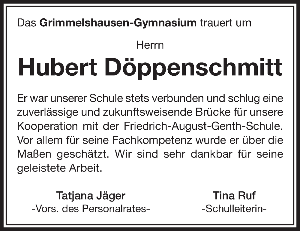  Traueranzeige für Hubert Döppenschmitt vom 15.03.2025 aus Mittelhessen-Bote