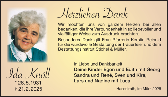 Traueranzeige von Ida Knöll von Gelnhäuser Neue Zeitung