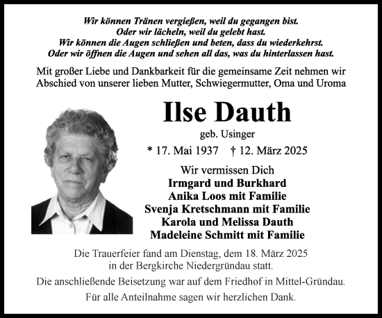 Traueranzeige von Ilse Dauth von Mittelhessen-Bote