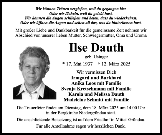 Traueranzeige von Ilse Dauth von Gelnhäuser Neue Zeitung