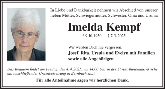 Traueranzeige von Imelda Kempf von Gelnhäuser Neue Zeitung