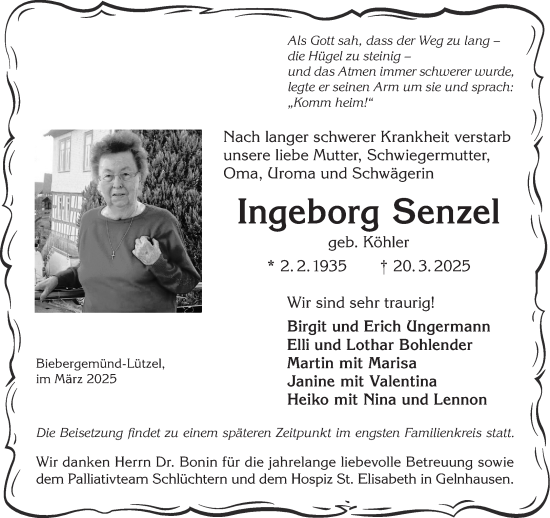 Traueranzeige von Ingeborg Senzel von Gelnhäuser Neue Zeitung