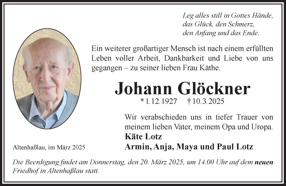  Traueranzeige für Johann Glöckner vom 15.03.2025 aus Gelnhäuser Neue Zeitung