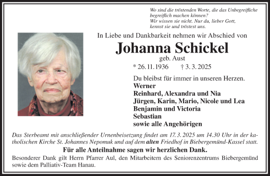 Traueranzeige von Johanna Schickel von Mittelhessen-Bote