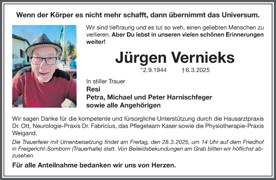 Traueranzeige von Jürgen Vernieks von Gelnhäuser Neue Zeitung