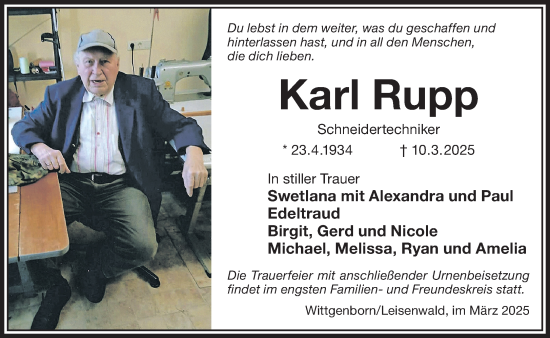 Traueranzeige von Karl Rupp von Gelnhäuser Neue Zeitung