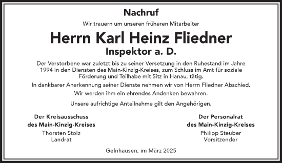 Traueranzeige von Karl Heinz Fliedner von Mittelhessen-Bote