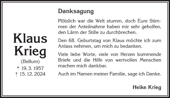 Traueranzeige von Klaus Krieg von Gelnhäuser Neue Zeitung