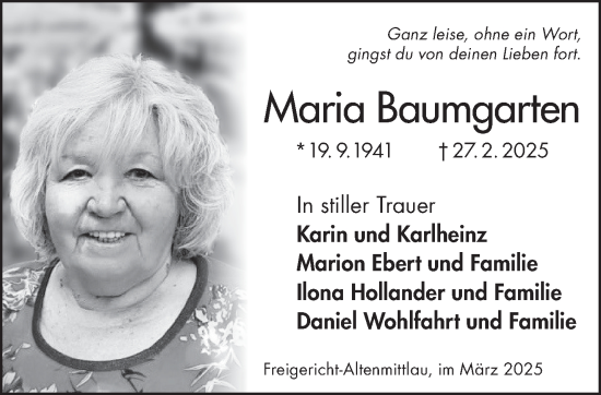 Traueranzeige von Maria Baumgarten von Gelnhäuser Neue Zeitung
