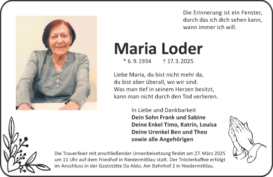 Traueranzeige von Maria Loder von Gelnhäuser Neue Zeitung
