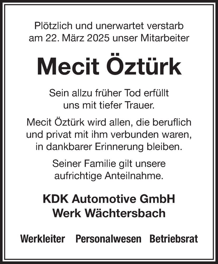  Traueranzeige für Mecit Öztürk vom 29.03.2025 aus Gelnhäuser Neue Zeitung