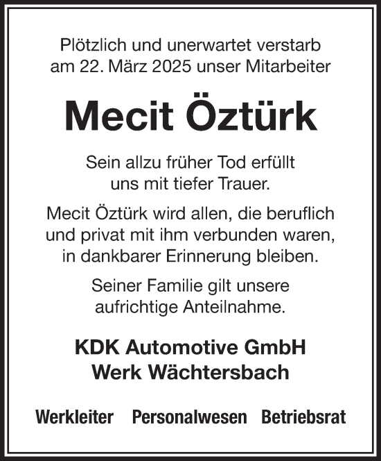 Traueranzeige von Mecit Öztürk von Gelnhäuser Neue Zeitung