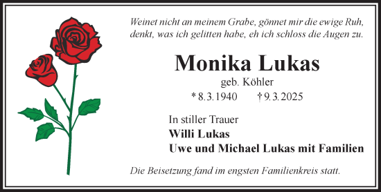 Traueranzeige von Monika Lukas von Gelnhäuser Neue Zeitung