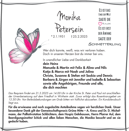 Traueranzeige von Monika Petersein von Gelnhäuser Neue Zeitung
