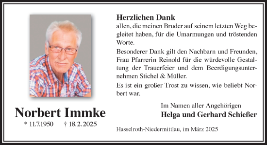 Traueranzeige von Norbert Immke von Gelnhäuser Neue Zeitung