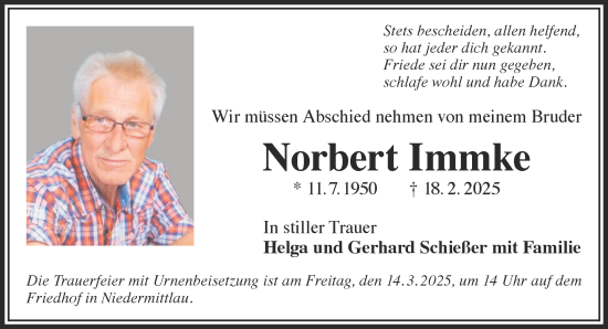 Traueranzeige von Norbert Immke von Gelnhäuser Neue Zeitung