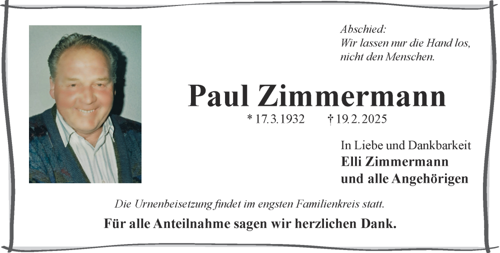 Traueranzeige für Paul Zimmermann vom 08.03.2025 aus Gelnhäuser Neue Zeitung