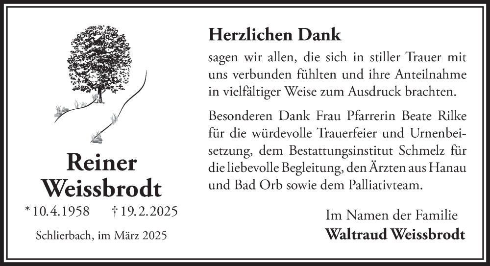  Traueranzeige für Reiner Weissbrodt Weissbrodt vom 22.03.2025 aus Gelnhäuser Neue Zeitung