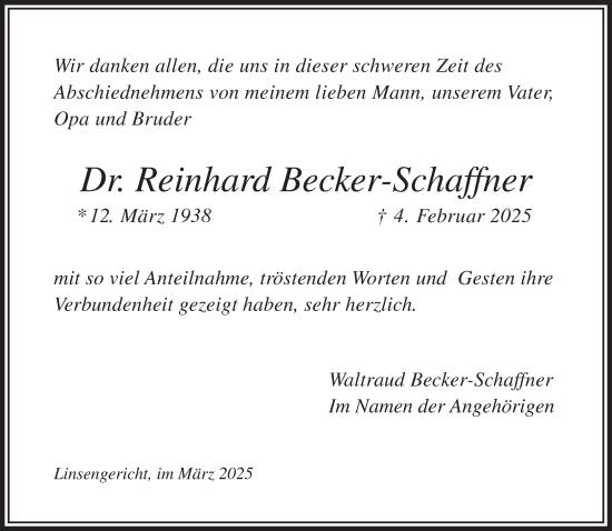 Traueranzeige von Reinhard Becker-Schaffner von Gelnhäuser Neue Zeitung