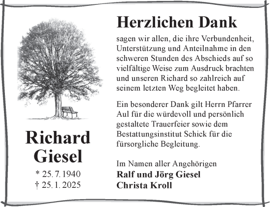 Traueranzeige von Richard Giesel von Gelnhäuser Neue Zeitung