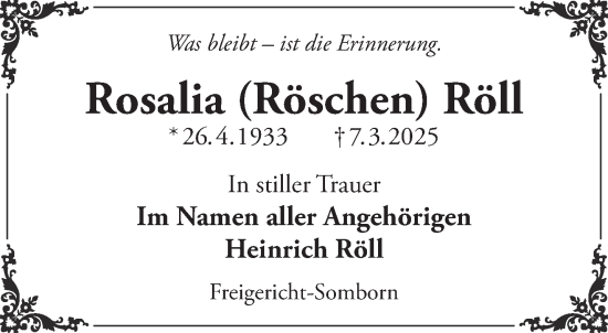 Traueranzeige von Rosalia Röll von Gelnhäuser Neue Zeitung