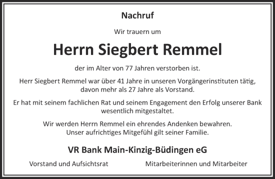 Traueranzeige von Siegbert Remmel von Gelnhäuser Neue Zeitung