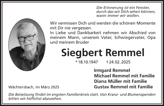 Traueranzeige von Siegbert Remmel von Gelnhäuser Neue Zeitung