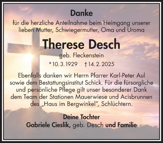 Traueranzeige von Therese Desch von Gelnhäuser Neue Zeitung