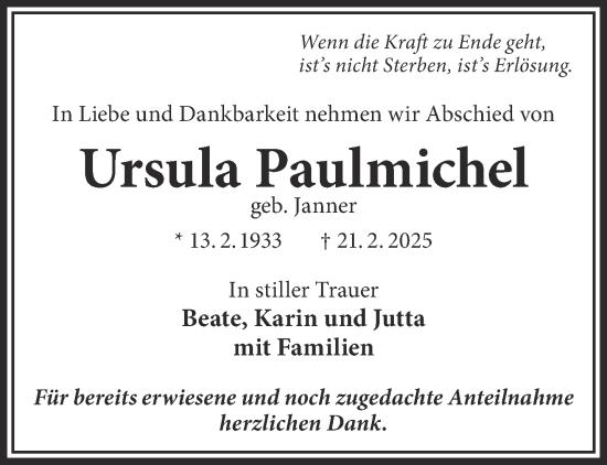 Traueranzeige von Ursula Paulmichel von Gelnhäuser Neue Zeitung