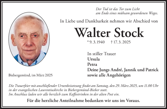 Traueranzeige von Walter Stock von Gelnhäuser Neue Zeitung