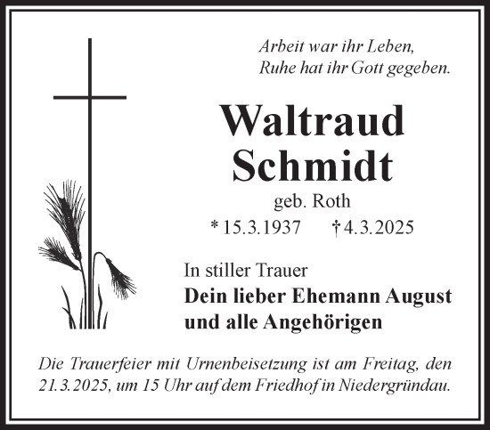 Traueranzeige von Waltraud Schmidt von Gelnhäuser Neue Zeitung