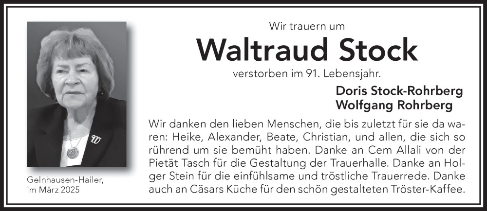  Traueranzeige für Waltraud Stock vom 15.03.2025 aus Gelnhäuser Neue Zeitung