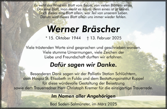 Traueranzeige von Werner Bräscher von Gelnhäuser Neue Zeitung