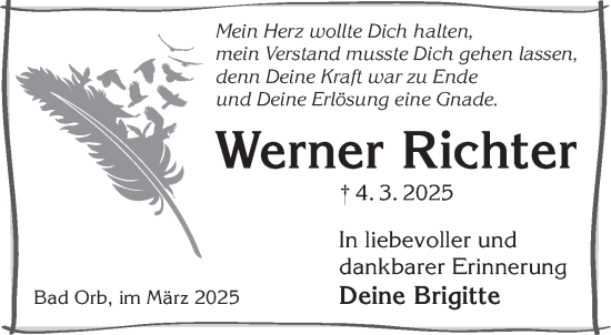 Traueranzeige von Werner Richter von Gelnhäuser Neue Zeitung