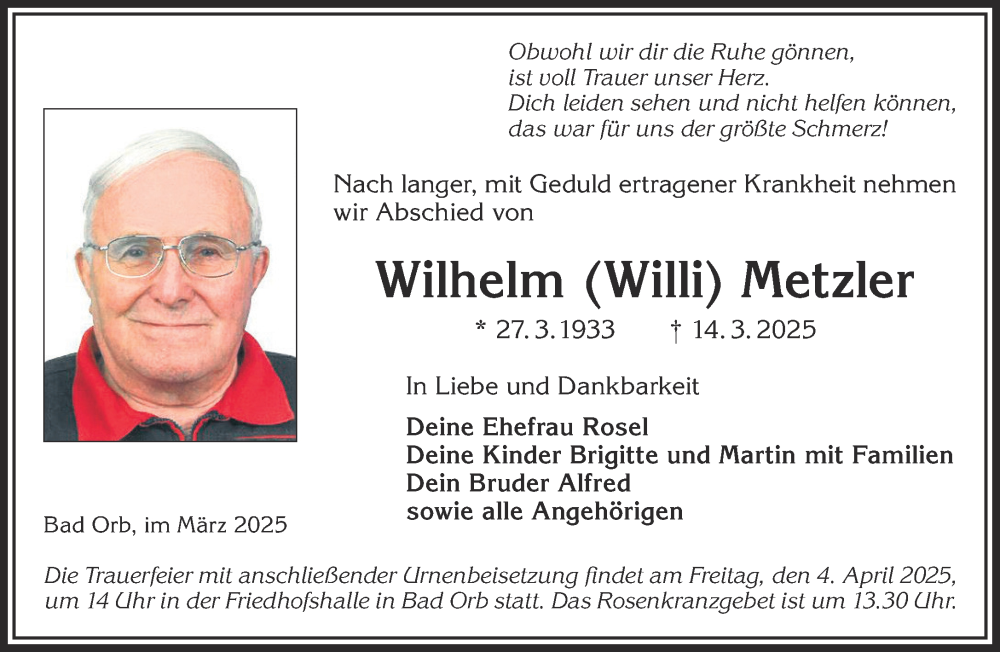  Traueranzeige für Wilhelm Metzler vom 29.03.2025 aus Gelnhäuser Neue Zeitung
