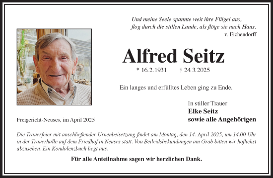 Traueranzeige von Alfred Seitz von Gelnhäuser Neue Zeitung
